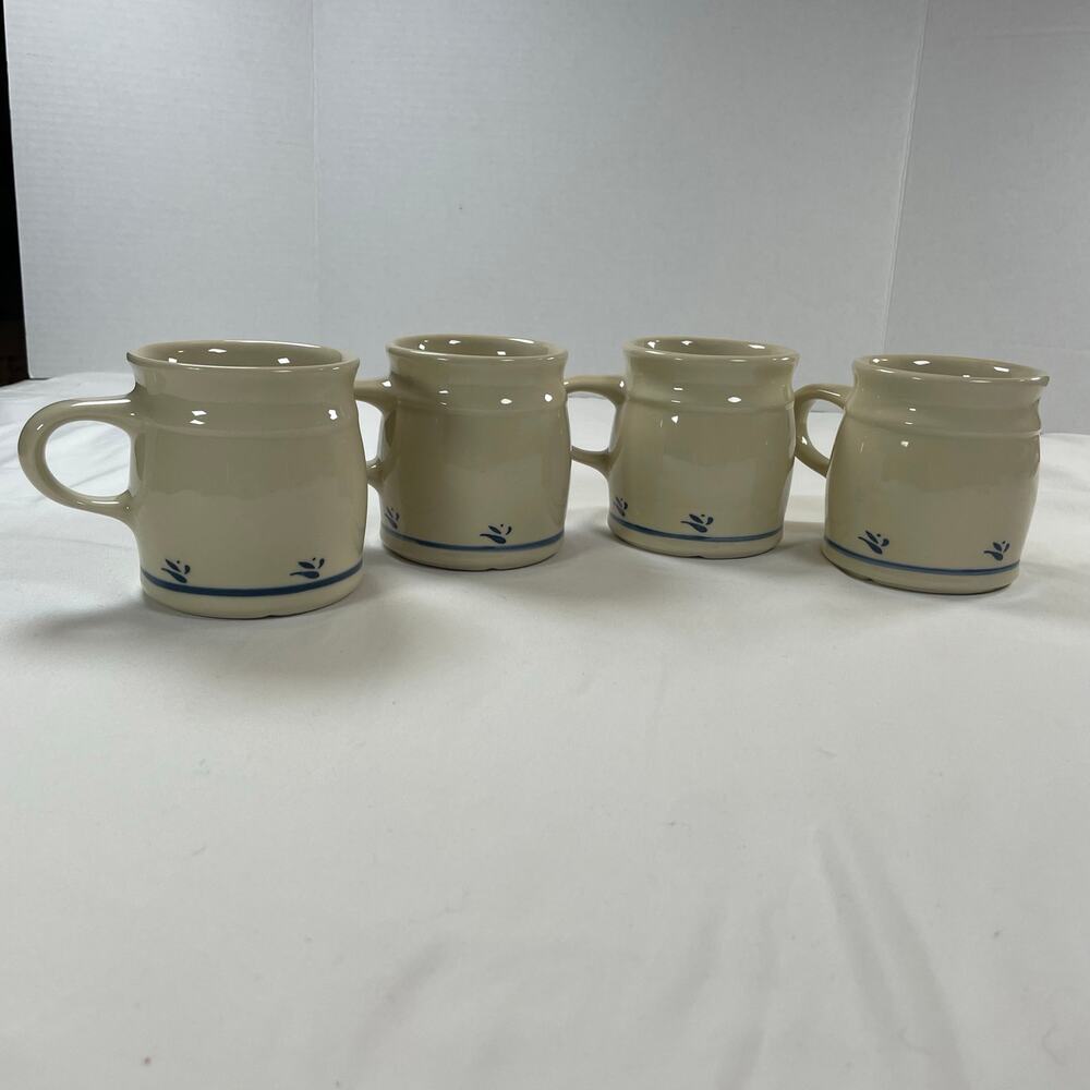 Roseville Ohio Pottery Blue Stripe Flower Mug Set 4 Stoneware Vintage USA